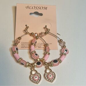 Evil Eye Light Pink Blue White Gold Toned Rhinestone Hoop Fishhook Earrings NEW